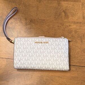 Michael Kors Monogram Wristlet Clutch in Cream and Gold